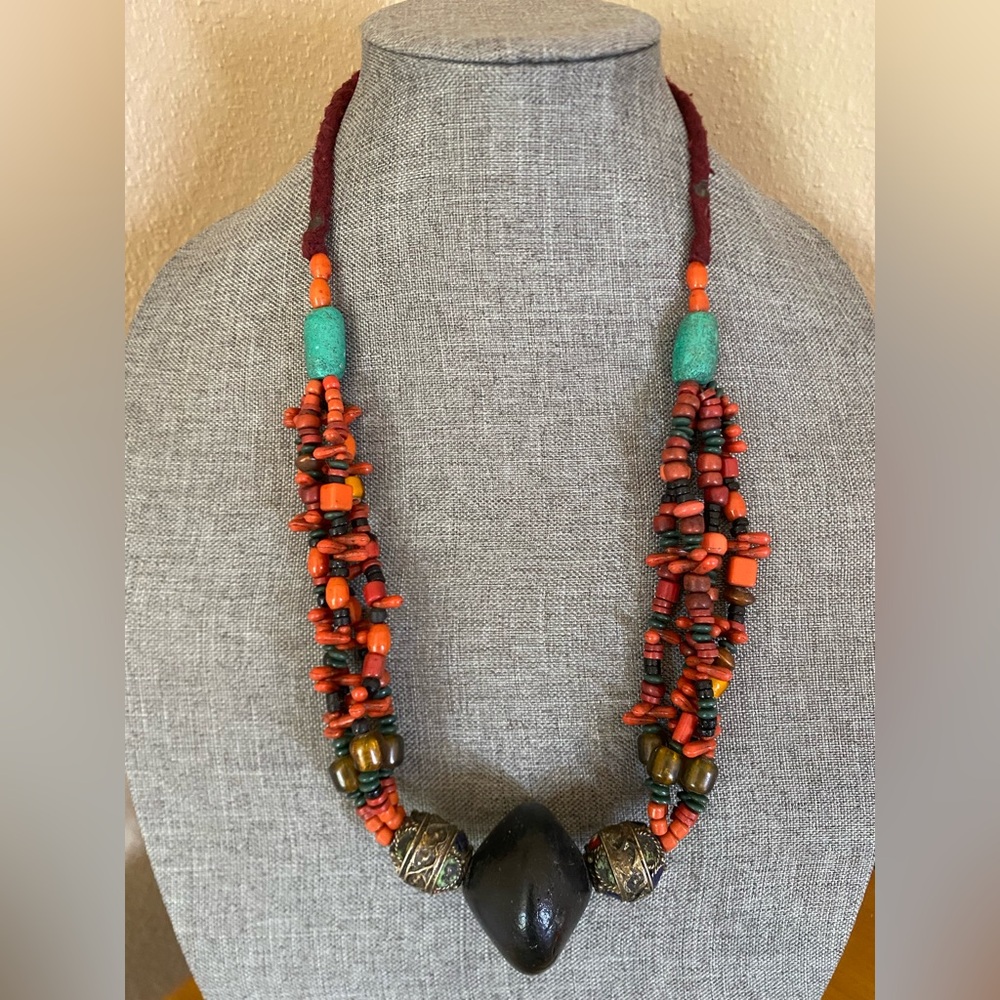 Ethnic Tribal Style Coral Bead Necklace w/ Green Stone & Focal Pendant